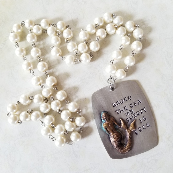 Hand Crafted Hand Stamped Faux Pearl Mermaid Pendant Necklace - Picture 11 of 16